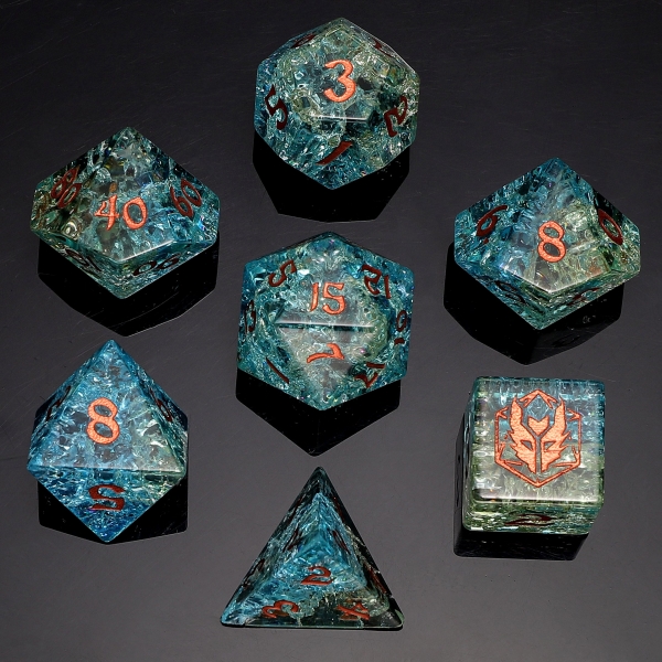 Dragon's Hoard Polyhedral Dice Set - Blasted Glass - Blue & Green