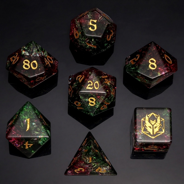 Dragon's Hoard Polyhedral Dice Set - Blasted Glass - Red & Green