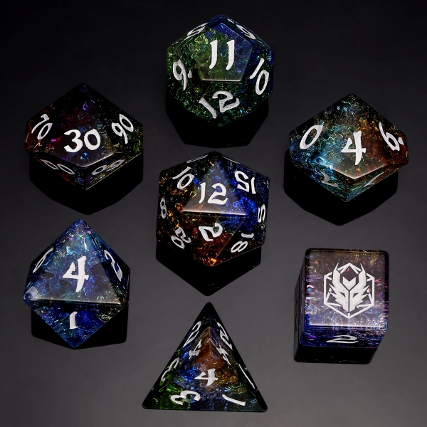 Dragon's Hoard Polyhedral Dice Set - Blasted Glass - Green Blue w/ Yellow