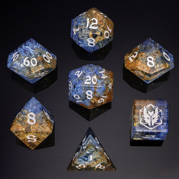Dragon's Hoard Gem Stone Polyhedral Dice Set - Blast Glass Blue & Yellow