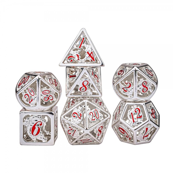 Hollow Metal Dragon Polyhedral Dice Set - Matte Silver and Red