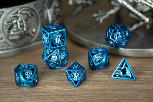 Blue with White Enamel Hollow Metal Dragon Polyhedral Dice Set