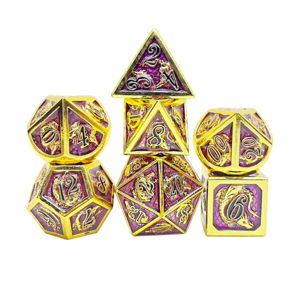 Gold with Purple Solid Metal Dragon Polyhedral Dice Set