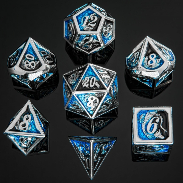 Solid Metal Dragon Polyhedral Dice Set - Silver with Black and Blue