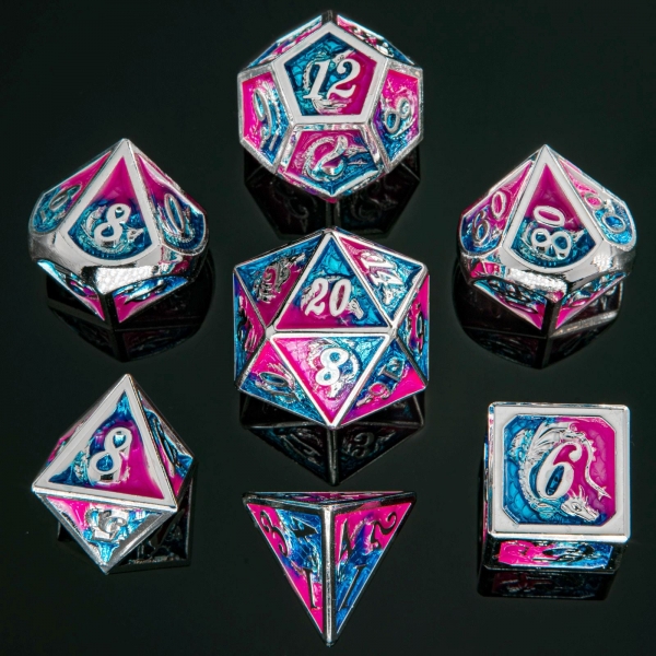 Solid Metal Dragon Polyhedral Dice Set - Silver with Pink and Blue