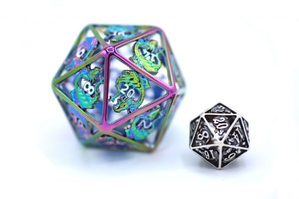 Titan Giant Rainbow Hollow Dragon Metal D20 Dice 50mm