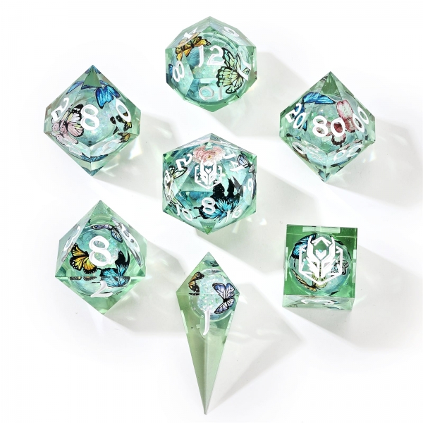 Captured Magic Hand Sanded Sharp Edge Resin - Liquid Core Dice set - Butterfly Kaleidescope