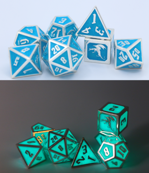 Draconis Solid Metal Polyhedral Dice set - Glow In the Dark Blue