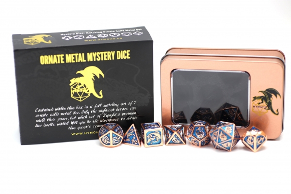 Mystery Set of 7 Matching Ornate Solid Metal Polyhedral RPG Dice