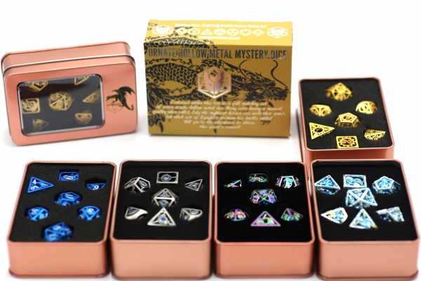 Mystery Set of 7 Matching Ornate Hollow Metal Polyhedral RPG Dice