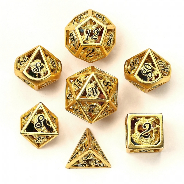 Hollow Dragon Polyhedral Dice Set Filled With Gems - Gold