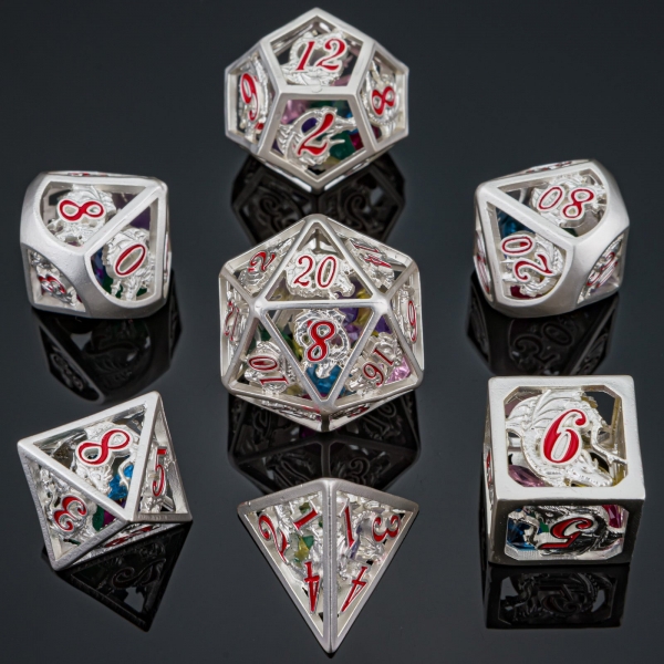Hollow Dragon Polyhedral Dice Set Filled With Gems - Silver