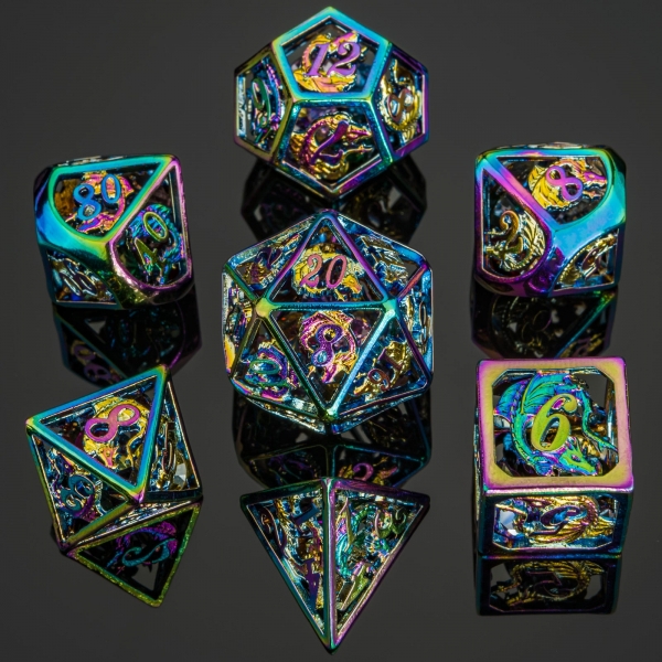 Hollow Dragon Polyhedral Dice Set Filled With Gems - Rainbow