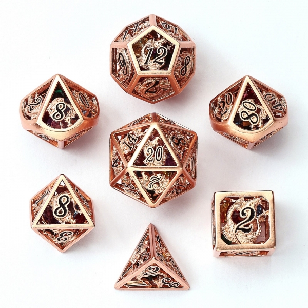 Hollow Dragon Polyhedral Dice Set Filled With Gems - Copper