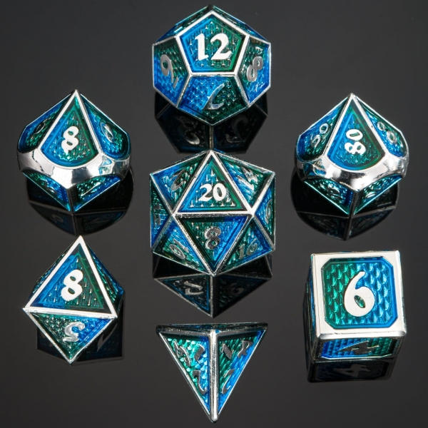 Solid Metal Behemoth Dice set - Silver with Green and Blue