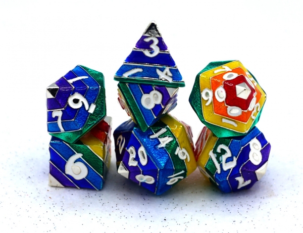 Rainbow Pride solid metal dice set - Silver with White Lettering