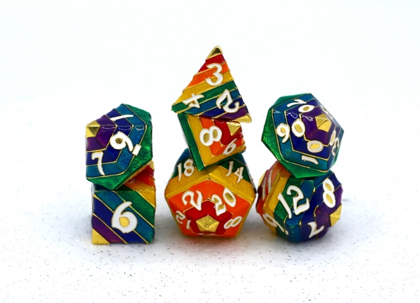 Rainbow Pride solid metal dice set - Gold with White Lettering