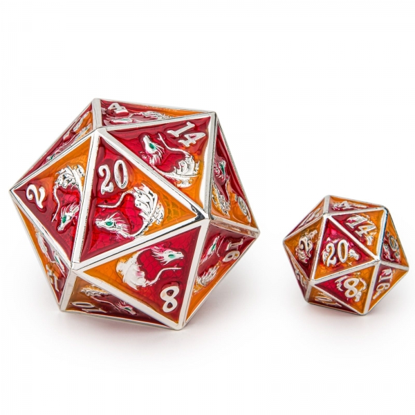 45mm Dragon D20 - Silver with Red & Orange