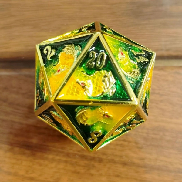 45mm Dragon D20 - Gold with Yellow & Green