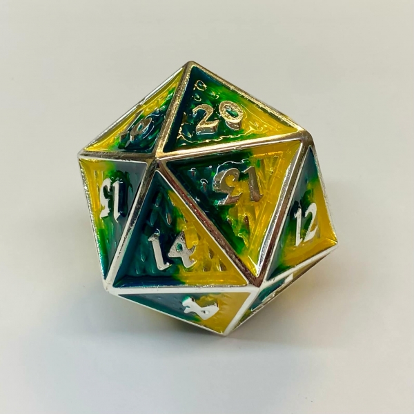 45mm Metal Behemoth Spindown D20 - Silver with Green & Yellow