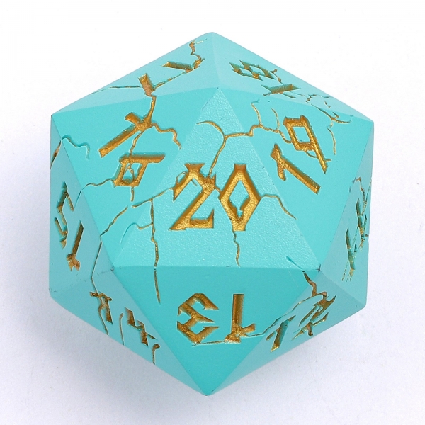 Barbarian 35mm  Solid Metal Single D20 Spin Down - Turquoise with Gold