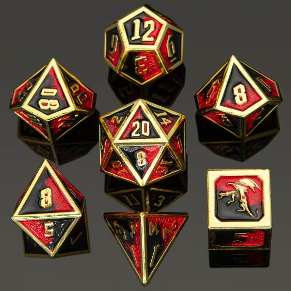 Draconis Solid Metal Polyhedral Dice set - Gold with Red & Black