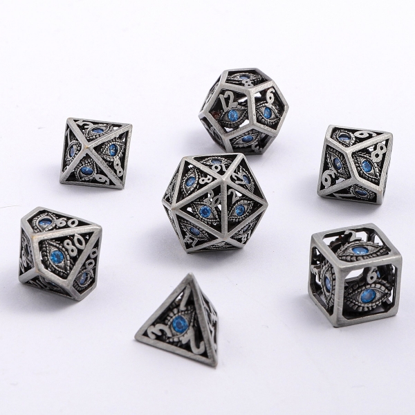 MINI Dragon's Eye Hollow Metal Dice Set - Aqua Blue Gems