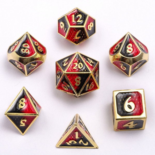 Solid Metal Mini Behemoth Dice set - Gold with Red and Black Enamel