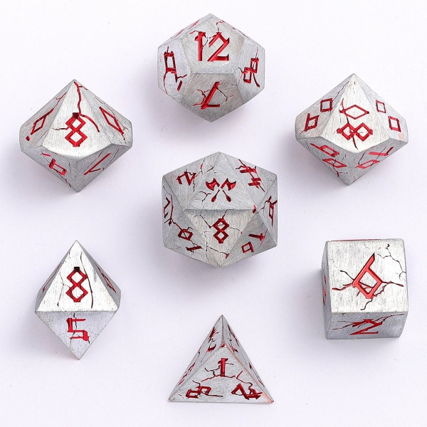 Barbarian Solid Metal Polyhedral Dice Set - Matte Silver and Red