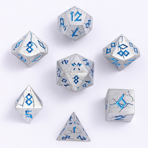 Barbarian Solid Metal Polyhedral Dice Set - Matte Silver and Blue