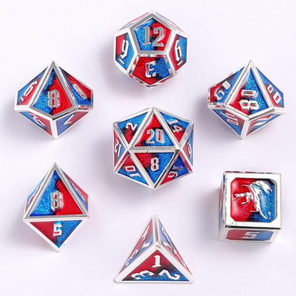 Draconis Solid Metal Polyhedral Dice set - Silver with Red and Blue