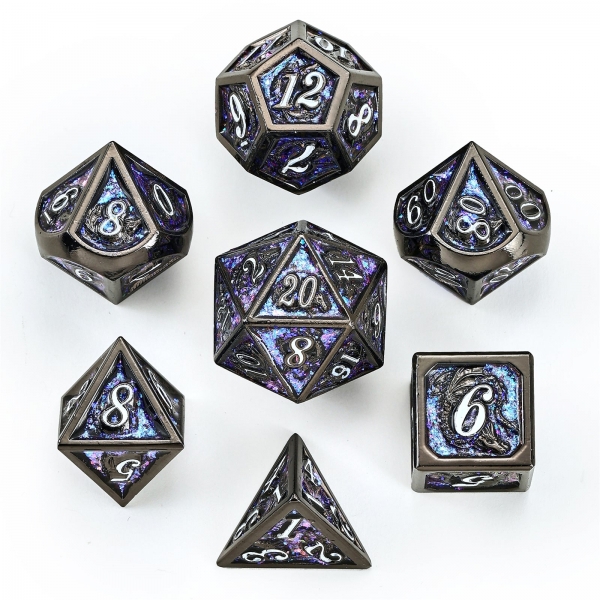Solid Metal Dragon Dice Set - Gunmetal With Purple