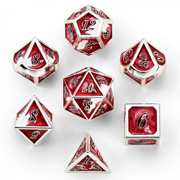 Solid Metal Dragon Polyhedral Dice Set - Silver with Red and white