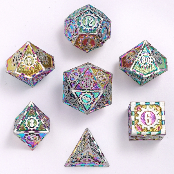 Solid Metal Gear Dice Polyhedral Dice Set - Matte Silver with Rainbow
