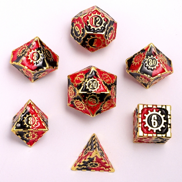 Solid Metal Gear Dice Polyhedral Dice Set - Gold with Red and Black