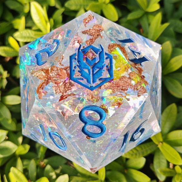 100mm Chonk D20 - Opal w/Blue - Captured Magic hand sanded sharp edge resin