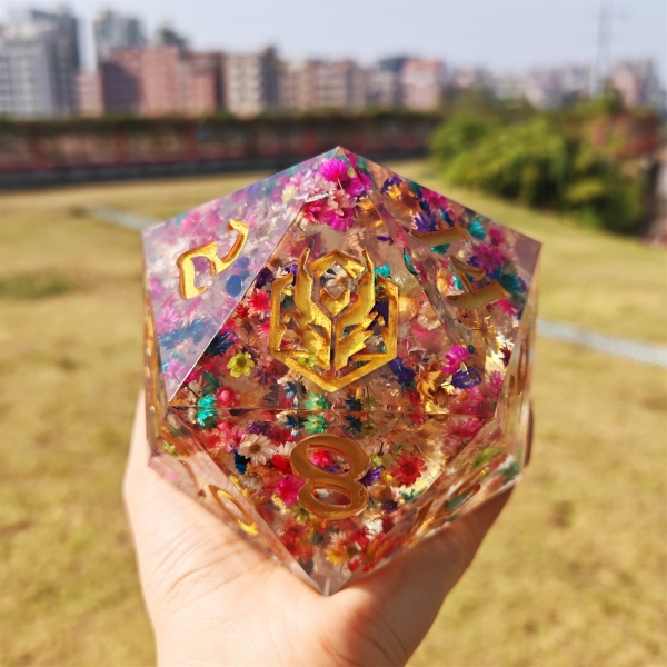 100mm Chonk D20 - Essence of Spring - Captured Magic hand sanded sharp edge resin