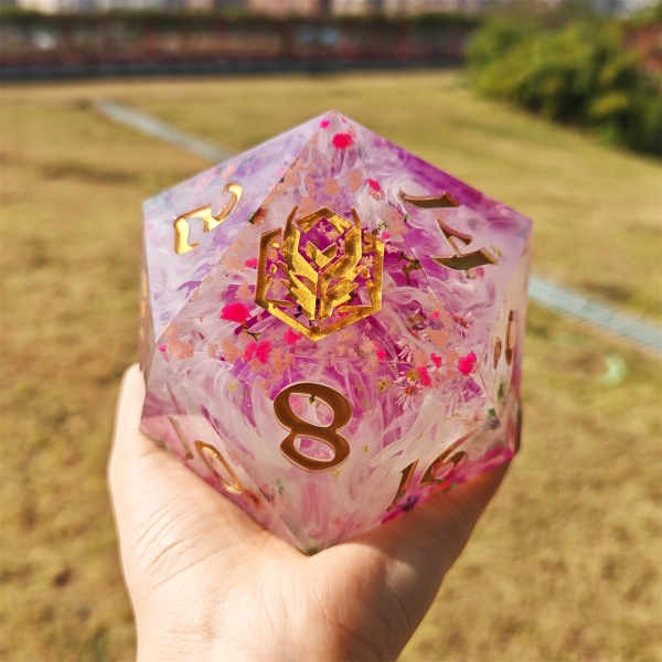 100mm Chonk D20 - Flower Storm - Captured Magic hand sanded sharp edge resin