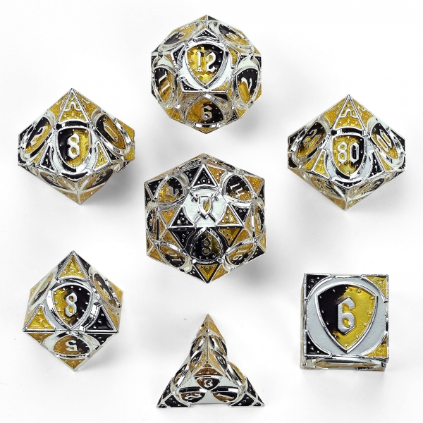Solid Metal Fighter Class RPG Dice Set - Silver w/ Yellow & Black