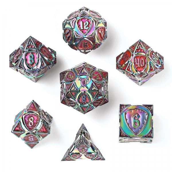 Solid Metal Fighter Class RPG Dice Set - Rainbow w/ UV-Reactive Pink