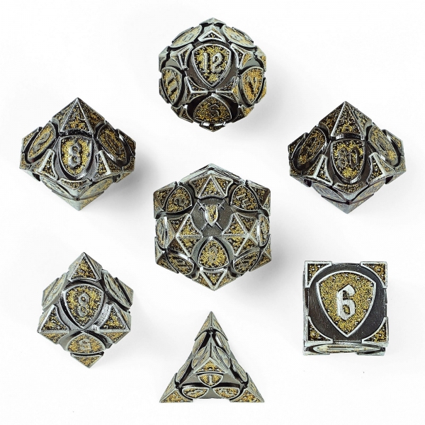 Solid Metal Fighter RPG Dice Set - Ancient Silver w/Yellow Glitter