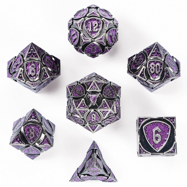 Solid Metal Fighter Class RPG Dice Set - Ancient Silver w/Purple Glitter