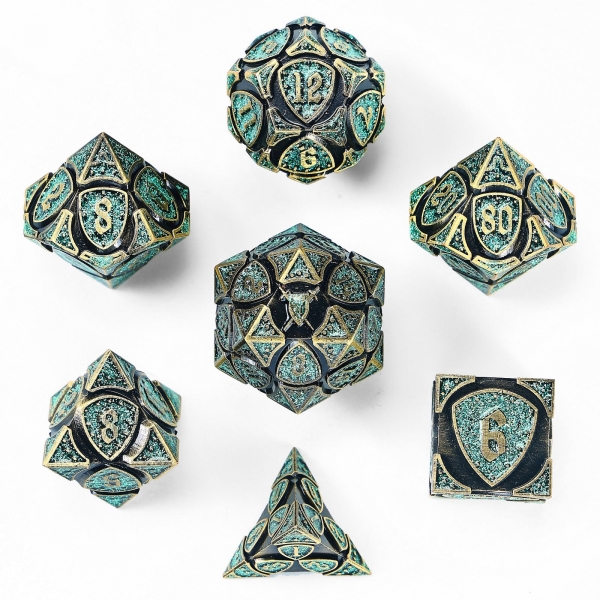 Solid Metal Fighter RPG Dice Set - Ancient Bronze w/Green Glitter
