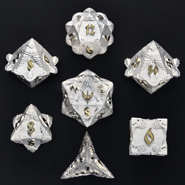 Solid Metal Paladin Class RPG Dice Set - Matt Silver w/Gold