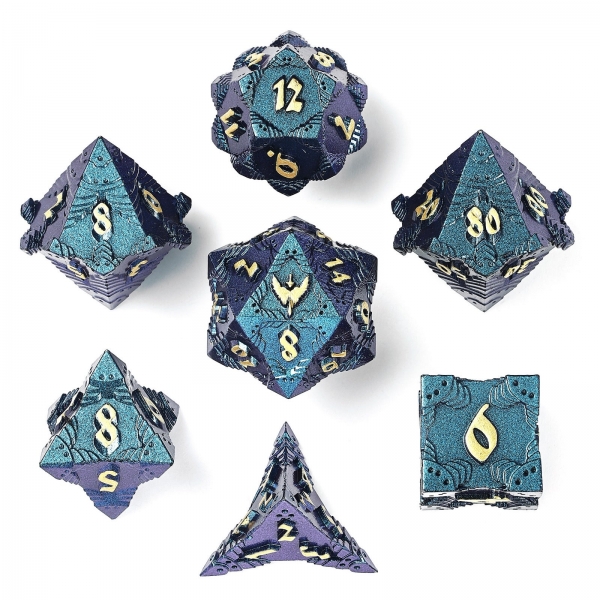 Solid Metal Paladin Class RPG Dice Set - Glitter Blue with Gold