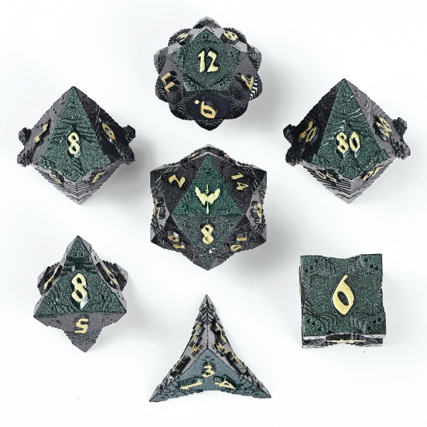 Solid Metal Paladin Class RPG Dice Set Glitter -  Green w/ Gold
