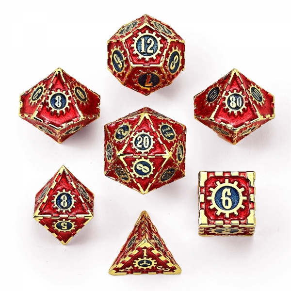 Solid Metal Cogcraft Polyhedral Dice Set - Casino (Gold w/Red & Blue)