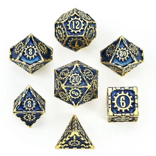 Solid Metal Cogcraft Polyhedral Dice Set - Vault Dweller - (Gold w/ Blue)