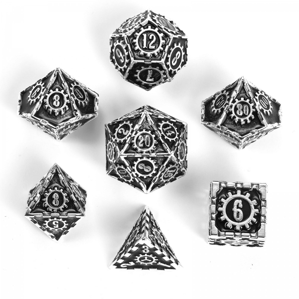 Solid Metal Gear Dice Polyhedral Dice Set - Silver w/Black