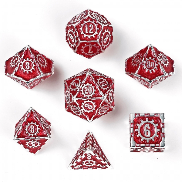 Solid Metal Gear Dice Polyhedral Dice Set - Silver with Red